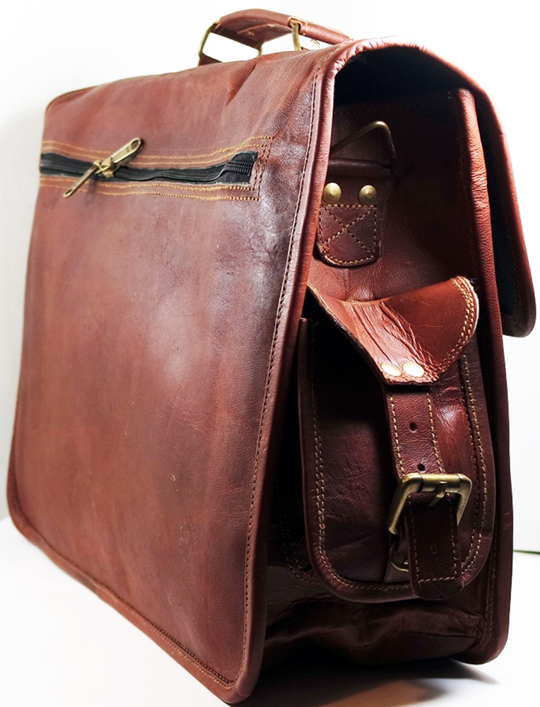 Deluxe 15" Rustic Leather Briefcase Messenger Bag Abundant Pockets