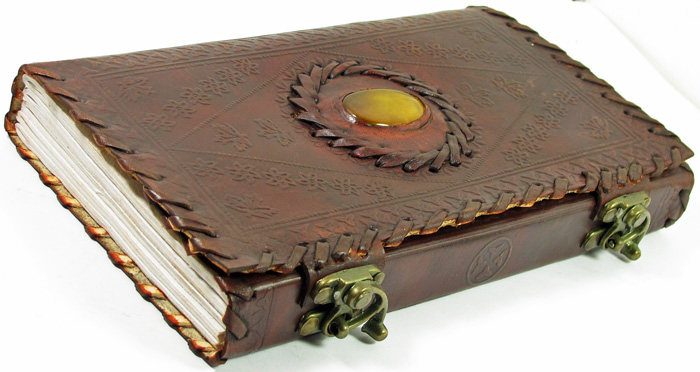 Image for Handmade Leather Journal with Two Brass Latches, Center Stone and Lace Edges by David Friedman