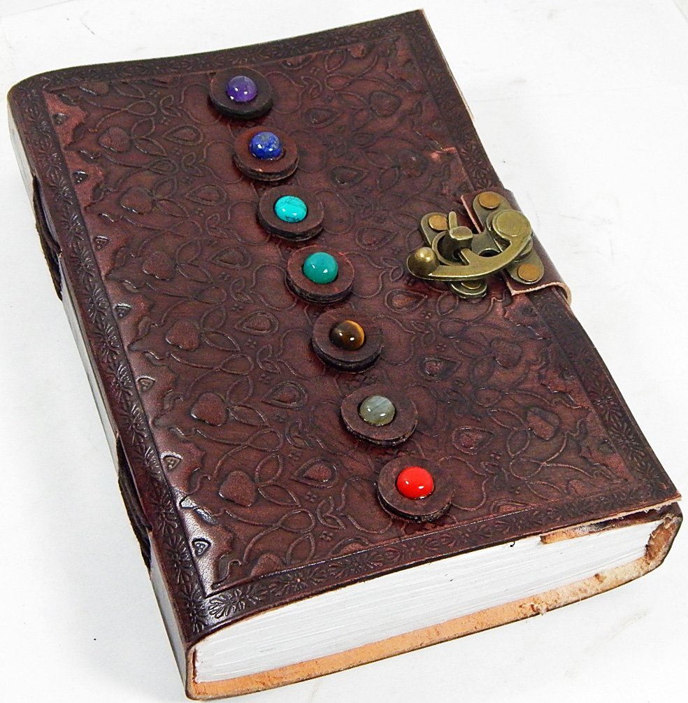 Image for Barner Books 6 X 9 Embossed Tri-fold Leather Journal with 7 Stones and Handmade Paper