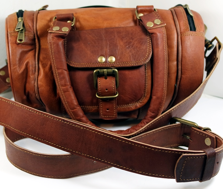 12&quot; Leather Boho Style Mini-Duffle Bag with 4 Pockets Handles and Shoulder strap 12&quot; Leather ...